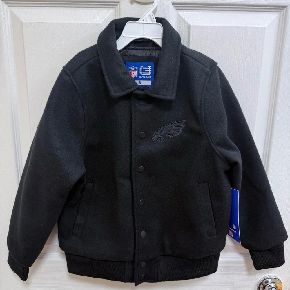 NWT NFL Philadelphia Eagles Kids Black Varsity Bomber Jacket, Size 8